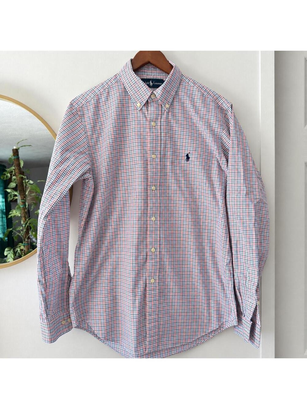 Polo Ralph Lauren Men's Medium Checkered Button-Up Shirt in White, Red, and Blue